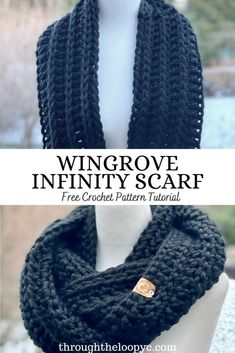 a crochet scarf is shown with the words, wingrowe infinity scarf