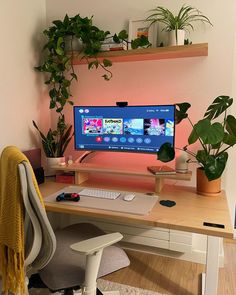 a desk with a computer and plants on it