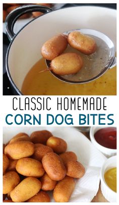 corn dog bites are being cooked in a pot and then served with dipping sauces