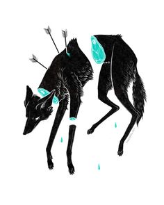 two black wolfs with blue eyes and arrows on their backs, one is holding an arrow