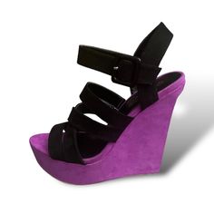 Brand New Never Worn Black And Purple Suede Size 8 Casual Purple Synthetic Heels, Casual Purple Heels, Black Strappy Wedges, Qupid Shoes, Strappy Wedges, Purple Suede, Black And Purple, Womens Shoes Wedges, Purple Black