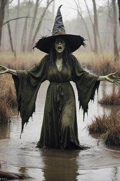 a woman dressed as a witch in the water