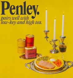 an advertisement for pennley's food with candles