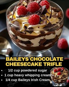 Baileys Chocolate Cheesecake Trifle Chocolate Truffle Dessert, Bailey Trifle Recipe, Bailey Chocolate Cheesecake Trifle, Baileys Trifle Desserts, Cream Cheese Trifle Desserts, Cheesecake Trifle Recipes