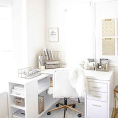 a white desk and chair in a room