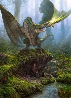 an artist's rendering of a giant dragon attacking a man in the middle of a forest