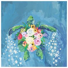 a painting of a sea turtle with flowers in it's shell on a blue background