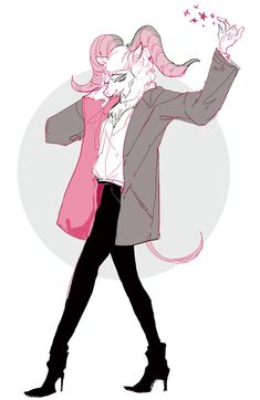 a drawing of a woman in a pink coat and black pants with stars on her arm