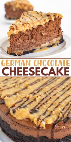 german chocolate cheesecake on a white plate with caramel drizzle and brownie topping