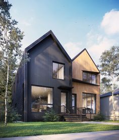 a modern house with black siding and wood trimming on the front, surrounded by green grass