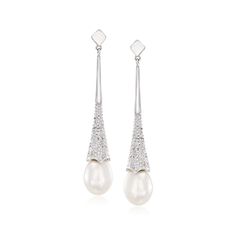 7mm Cultured Pearl Drop Earrings with Diamond Accents in Sterling Silver | Ross-Simons Wedding Dress Earrings, Pearl Hanging Earrings, Drop Earrings Diamond, Pearl Silver Earrings, Pearl Cuff Bracelet, Pearl Birthstone, Fake Diamond, Mermaid Pendant, Silver Pearl Earrings