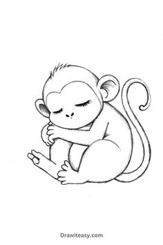 The image shows a simple, sketch-style drawing of a cute, sleeping baby monkey with its arms crossed, eyes closed, and a long, curled tail. Crossed Eyes, Drawings For Kids, Simple Sketch