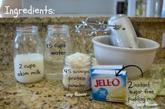 ingredients to make jello in jars on a kitchen counter with the words ingredients labeled