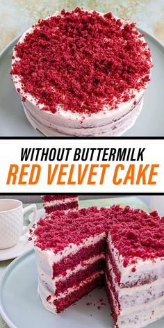 a red velvet cake with white frosting is cut in half and served on a plate