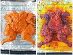 two pictures showing the process of cooking meat on a grill