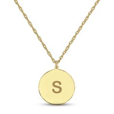 Express yourself with this simple yet stunning necklace, which features a disc customized with your initial. Styled in 14K yellow gold, the pendant sways from an 18-inch rope chain that secures with a spring ring clasp. 14k Yellow Gold Initial Pendant Coin Necklace, Personalized Yellow Gold Coin Necklace, Yellow Gold Round Initial Necklace, 14k Gold Monogram Initial Round Pendant Necklace, 14k Gold Round Initial Necklace, Yellow Gold Initial Necklace With Polished Finish, Personalized Yellow Gold Round Initial Necklace, Personalized Round Yellow Gold Coin Necklace, Engraved Yellow Gold Round Disc Initial Necklace