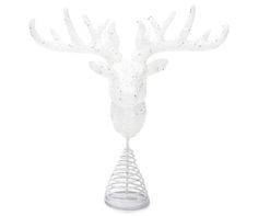 a white plastic deer head on top of a wire stand with its antlers spread out