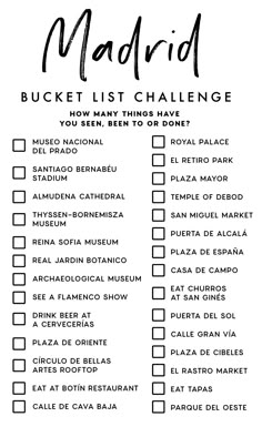 the madrid bucket list is shown in black and white