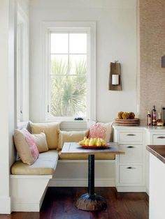 a table with fruit on it in front of a window