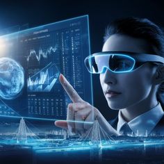 a woman in futuristic glasses pointing at an image