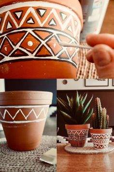 several different pictures of potted plants with designs on them