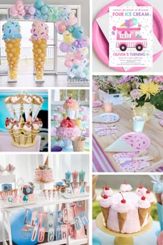 a pink and blue birthday party with balloons, cake, cupcakes and decorations