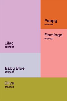 the color scheme for baby blue, poppy, flamingo and olive is shown in different shades