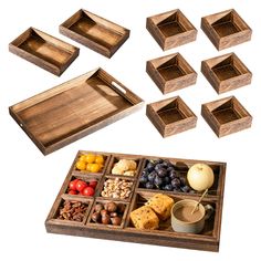 a wooden tray filled with different types of food