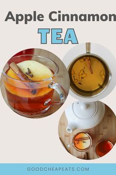 collage of process and of serving apple cinnamon tea with apple slices and cinnamon sticks. Apple Cinnamon Tea Recipe, Apple Tea Recipe, Cinnamon Tea Recipe, Apple Cinnamon Tea, Nonalcoholic Drink, Cinnamon Tea