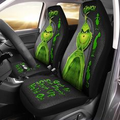 the grinch car seat covers are green and black with an image of the grinch