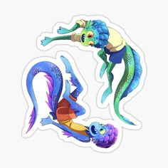 two blue and green fish stickers on a white background, one with an orange tail