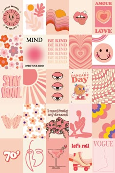 a collage of pink and red images with different words on the front, including love