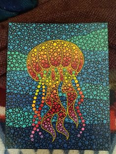 a painting of a jellyfish on a blue and red background with circles around it