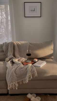 a living room with a couch, wine glass and blanket on the floor next to it