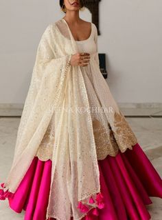 Desi Cocktail Dress, Cream Indian Outfit, Anarkali With Lehenga, Mukaish Embroidery, Heena Kochhar, Pink Kurta, Zari Embroidery, Traditional Indian Dress, Indian Dresses Traditional