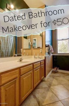 a bathroom with wooden cabinets and tile flooring that has the words, dated bathroom makeover for $ 50