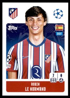a soccer card with a man smiling and wearing a red and white striped shirt on it