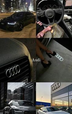 the interior and dashboard of an audi car in four different pictures, including woman's feet on steering wheel