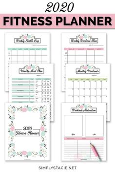 the printable fitness planner is shown in three different colors and sizes, with text overlay