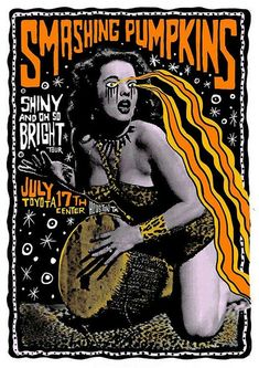 a poster for smashing pumpkins featuring a woman holding a guitar and wearing an elaborate headdress