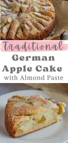 an apple cake with almonds on top and the words, traditional german apple cake with almond paste