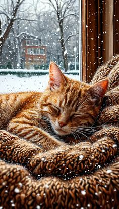 a cat sleeping on top of a blanket in front of a window covered in snow