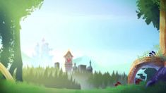 an animated scene with trees and buildings in the background