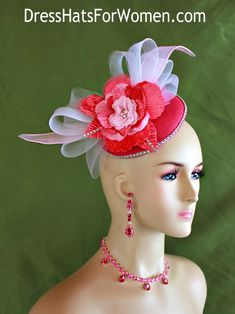 Women’s Watermelon Red Sinamay Straw Flower Fashion Designer Haute Couture Hat Headpiece Wedding Fascinator Hair Accessory. A Large White Crinoline Horsehair Bow Trimmed With Handmade Pink Organza Leaves Are Placed On A Simulated Watermelon Red Sinamay Straw Round Base, Accented With A Custom Dyed Handmade Watermelon Red Vintage Velvet And Pink Silk Flower. A Beautiful Smaller Pink Organza Flower Is Placed In The Center Embellished With Pearls And Rhinestones.  Acrylic Rhinestone Embellishments Are Added On The Flowers Leaves And Around The Base Of This Fascinator For A Couture High Fashion Look. This Formal Art Deco Styled 1920’s Style Flapper Hat Wedding Headpiece Can Be Worn In Different Positions. This ladies bespoke couture formal designer wedding fascinator hat is appropriate to wear Organza Leaves, Special Occasion Hats, Fascinator Hats Diy, Fascinator Hair, Custom Made Hats, Bridal Fascinator, Couture Hats, Bridal Hat, Vintage Rhinestone Brooch