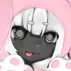 a black and white anime character with pink hair, wearing a hoodie over her head