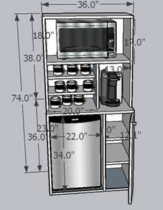 a drawing of a microwave and coffee maker with measurements for the space in front of it