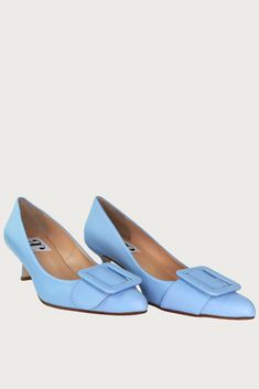 The perfect pointy toe mid heel pump! Narrow at toe box Leather upper w/ leather buckle Leather lining Heel Height 2.5" Made in Italy Mid Heels Pumps, North Hollywood, Leather Buckle, Kitten Heel, Mid Heel, Blue Leather, You Bag, Pumps Heels, Sky Blue