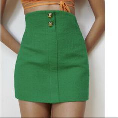 Green Textured Mini Skirt With Gold Buttons. Brand New With Tags Trendy High Waist Green Skort, Chic Green Relaxed Pencil Skirt, Chic Green Relaxed Fit Pencil Skirt, Green Relaxed Fit Pencil Skirt, Elegant Short Green Skirt, Green Mini Lined Skirt, Chic Green Pencil Skirt, Chic Green Lined Pencil Skirt, High Waist Green Skort For Day Out