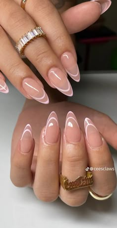 Simple Acyrilics Nails Almond, Wedding Nail Inspo For Bride Almond, Minimalist Art Nails, French Tip Almond Nails With Design Fall, Pink French Tip With White Outline, French Tip Variations Nail Design, Formal Nails For Pink Dress, Almond Neutral Nails Classy, Baby Pink Almond Nails With Design