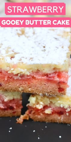 strawberry gooey butter cake is cut in half and stacked on top of each other